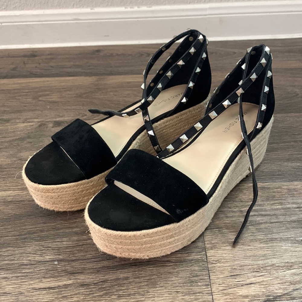 Marc Fisher Studed Black Suede Raffia Platform Sandals